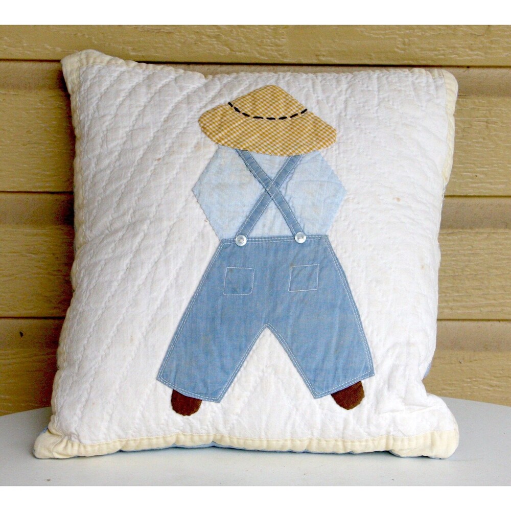 Little Boy Quilted Decorative Pillow, child in hat, pants, and suspenders - Picture 2 of 7